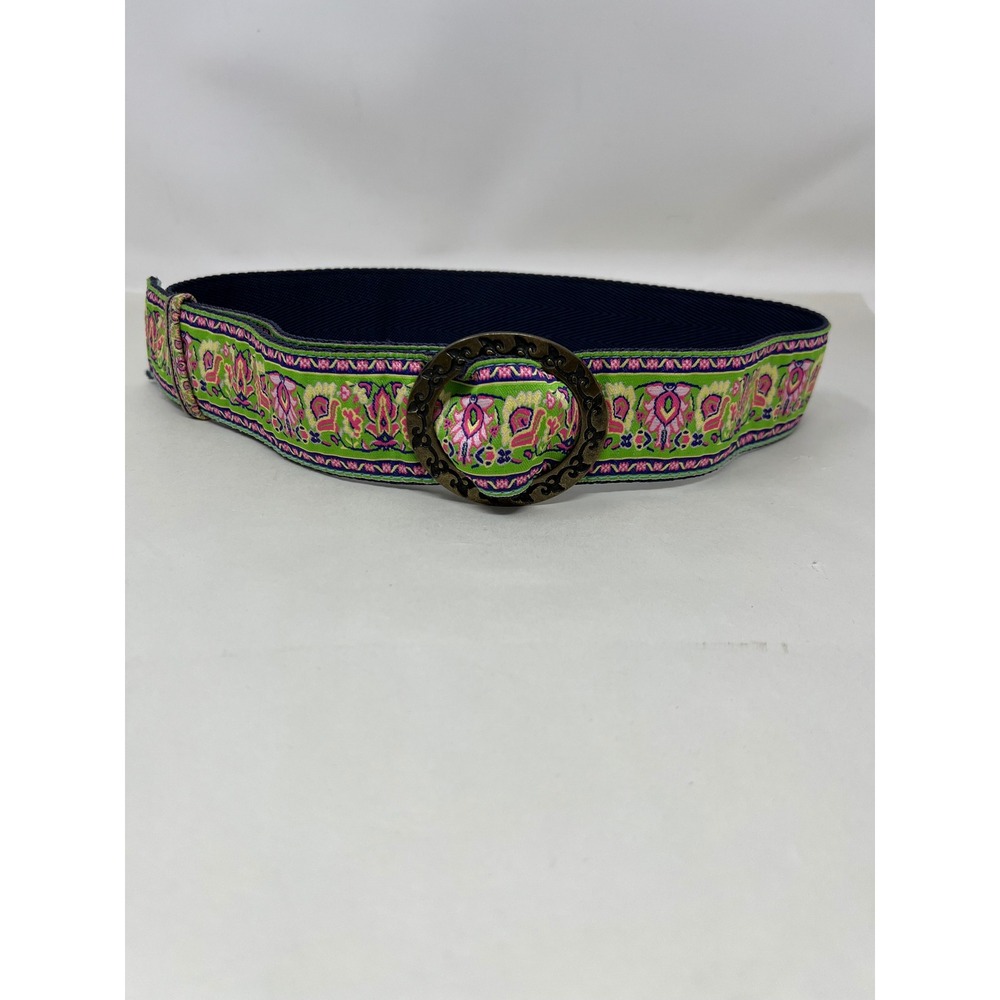 Derin Elastic Tapestry Belt Womens Medium Floral Green Navy Blue Boho Excellent